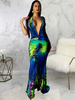Robes longues sans manches bleu sarcelle bicolore col en V plissé en polyester superposé longueur de plancher robe
