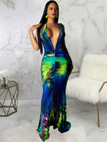 Robes longues sans manches bleu sarcelle bicolore col en V plissé en polyester superposé longueur de plancher robe