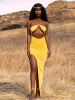 Robes longues sans manches bretelles jaunes cou découpe robe longue en polyester en couches