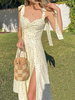 Robes Longues Sans Manches Ecru Blanc Imprimé Floral Bretelles Cou Fente Devant Dos Nu Polyester Longueur De Plancher Robe