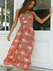 Robes longues sans manches imprimé floral chocolat col en V fendu devant été robe longue dos nu en polyester