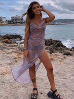 Robes longues sans manches lilas imprimé floral col bénitier fendu devant robe longue en polyester irrégulier