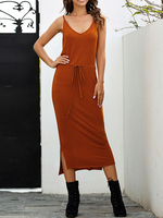 Robes longues Sans manches Marron foncé Col en V Lacets Robe longue en coton
