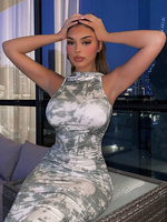 Robes longues sans manches motif imprimé gris clair col bijou plissé dos nu robe de longueur au sol en polyester
