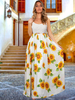 Robes longues sans manches motif imprimé tournesol blanc bretelles cou robe longue plissée en dentelle extensible