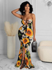 Robes longues sans manches motif imprimé tournesol noir col bateau à lacets épaule ouverte longueur de plancher en polyester