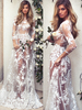 Robes Longues Transparentes en Dentelles Imprimés Florales Moulantes à Col Rond avec Manches Mi-longues Coupe Cintrée Unicolore Sexy