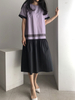 Robes longues violet manches courtes col en V bicolore polyester longueur de plancher robe robe tunique mi-longue