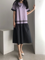 Robes longues violet manches courtes col en V bicolore polyester longueur de plancher robe robe tunique mi-longue