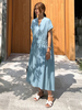 Robes maxi bleu bébé manches courtes col en v boutons polyester longueur de plancher robe