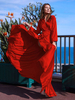 Robes Maxi Col en V Manches Longues Robe Sexy à Fente Haute Longueur au Sol