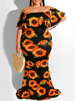 Robes Maxi Imprimé Tournesol Grandes Tailles à Épaules Dénudées