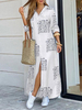 Robes Maxi Manches 3/4 Lettres Imprimées Col Rabattu Polyester Surdimensionné Robe Blanche Longueur Sol