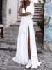 Robes maxi manches courtes blanc col en v volants polyester haute fente longueur de plancher robe