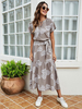 Robes maxi manches courtes blanc imprimé fleuri col bijou plissé asymétrique polyester longueur de plancher