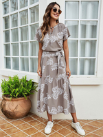 Robes maxi manches courtes blanc imprimé fleuri col bijou plissé asymétrique polyester longueur de plancher