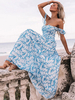 Robes maxi manches courtes bleu imprimé fleuri col bateau volants dos nu polyester longueur de plancher robe