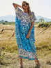 Robes Maxi Manches Courtes Bleu Jewel Neck Passepoil Polyester Stretch Longueur De Plancher Robe