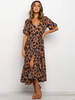 Robes Maxi Manches Courtes Café Col En V Polyester Imprimé Motif Longueur Sol Robe