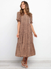Robes maxi manches courtes kaki imprimé léopard col bijou manches courtes polyester robe longue