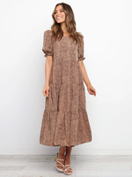 Robes maxi manches courtes kaki imprimé léopard col bijou manches courtes polyester robe longue