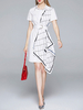 Robes Maxi Manches Courtes Motif Damier Blanc Col Rabattu Asymétrique Coton Irregualr Ourlet Longueur De Plancher Robe