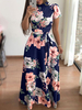 Robes Maxi Manches Courtes Motif Floral Noir Col Bijou Lycra Spandex Robe De Longueur Au Sol