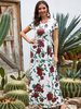 Robes Maxi Manches Courtes Motif Imprimé Floral Col Bijou Polyester Robe Longue De Plancher Blanche