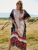 Robes maxi manches courtes motif imprimé noir col bijou devant fendu robe de longueur de plancher en polyester extensible