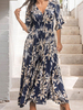 Robes Maxi Manches Courtes Robe Longue En Polyester Imprimé à Col V Bleu Profond