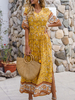 Robes Maxi Manches Courtes Robe Longueueueueueue En Mousseline De Soie Imprimée Jaune Col En V Robes Boho