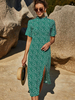 Robes maxi manches courtes vert imprimé bijou cou fente devant robe longue polyester asymétrique