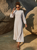 Robes maxi manches longues abricot clair col bijou plissé asymétrique polyester longueur de plancher robe