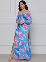 Robes maxi manches longues bleu marine col bateau bicolore plissé dos nu polyester robe longue