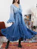 Robes Maxi Manches Longues Bleu V-Neck Lace Up Layered Polyester Floor Length Dress