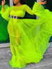 Robes Maxi Manches Longues Herbe Vert Col V Cou Cou Cou Décalé Tulle Robe De Longueur Au Sol