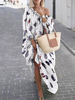 Robes Maxi Manches Longues Imprimé Animal Robe Une Epaule Plisse Longueur Au Sol