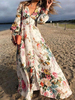 Robes maxi manches longues imprimé floral abricot col en V plissé en polyester superposé robe longue