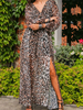 Robes maxi manches longues imprimé léopard col en V en mousseline de soie longueur de plancher robe
