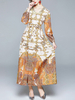 Robes maxi manches longues manches bouffantes orange imprimé fleuri col en v lacets polyester longueur de plancher robe