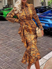 Robes Maxi Manches Longues Motif Imprimé Jaune Col Rabattu Volants Robe Longue Polyester Irrégulière