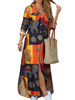 Robes Maxi Manches Longues Plaid Imprimé Jaune Col Rabattu Polyester Longueur De Plancher Robe