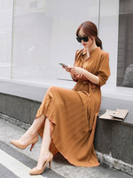 Robes maxi manches longues robe orange col montant polyester longueur de plancher