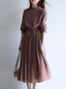 Robes Maxi Manches Longues Rouge Foncé Col Haut Boutons Polyester Robe Longue Dété