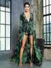 Robes maxi manches longues vert imprimé col en V cordon de serrage irrégulière polyester robe longue