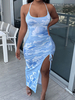 Robes Maxi Sans Manches Bleu Ciel Clair Imprimé Floral Bretelles Cou Fendue Sur Le Devant Été Layered Polyester Longue Robe Moulante