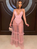 Robes maxi sans manches bretelles roses cou plissée pure dos nu polyester robe de longueur de plancher