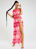 Robes Maxi Sans Manches Corail Tie Dye Bretelles Cou Split Devant Irrégulier Polyester Robe Longue