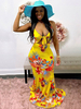 Robes Maxi Sans Manches Imprimé Floral Jaune Col V Lacets Dos Nu Polyester Longueur Sol Robe