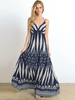 Robes Maxi Sans Manches Motif Imprimé Bleu Profond Col En V Lacets Robe Longue De Plancher De Polyester